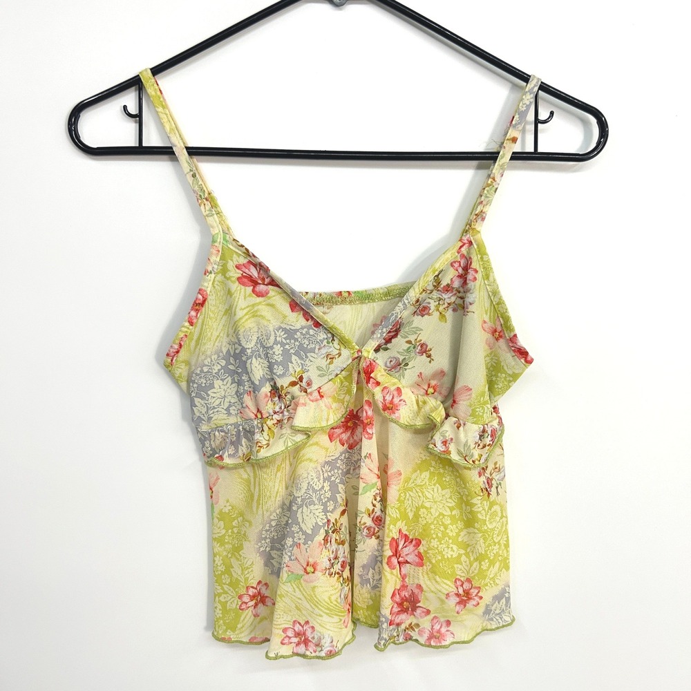 Floral Mesh Ruffle Cami Tank Adjustable Strap Fairy Y2K Coquette Romantic
